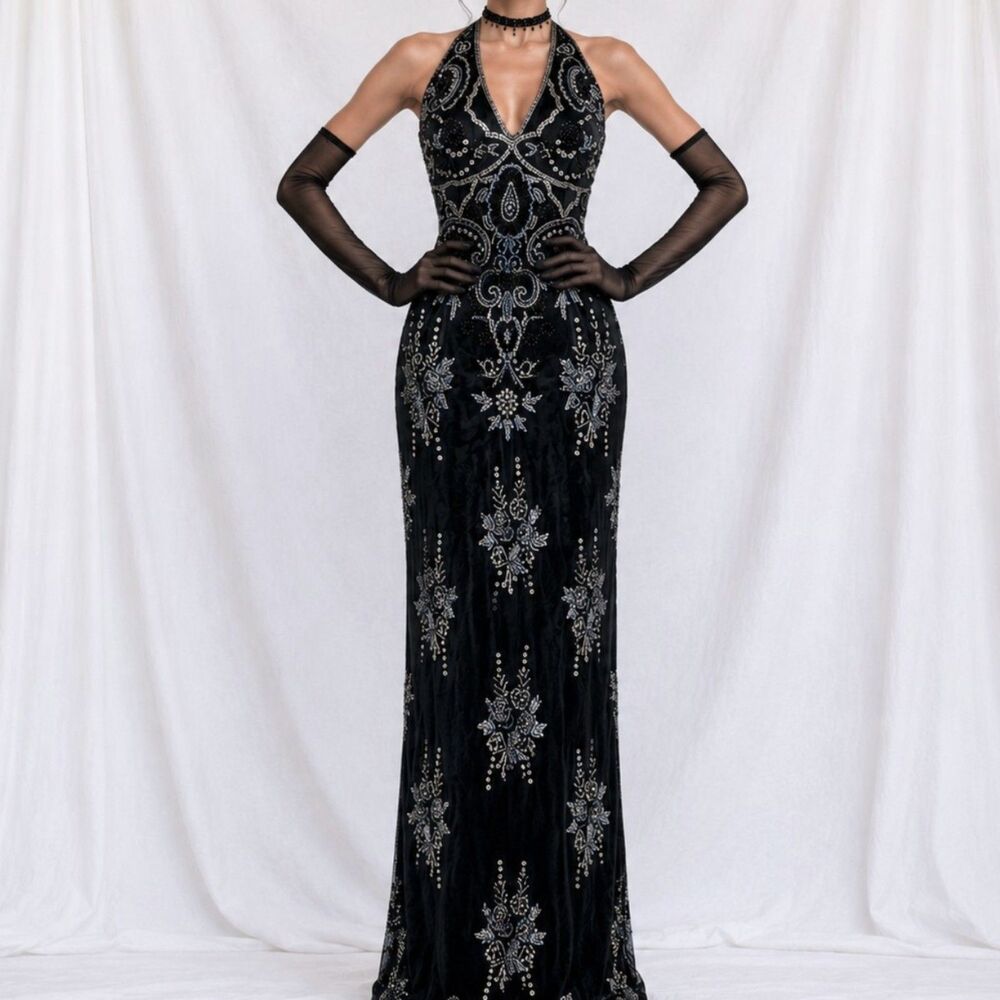 Vintage Y2K Black Navy Silk Beaded Halter Bodycon Maxi Prom Dress Size M